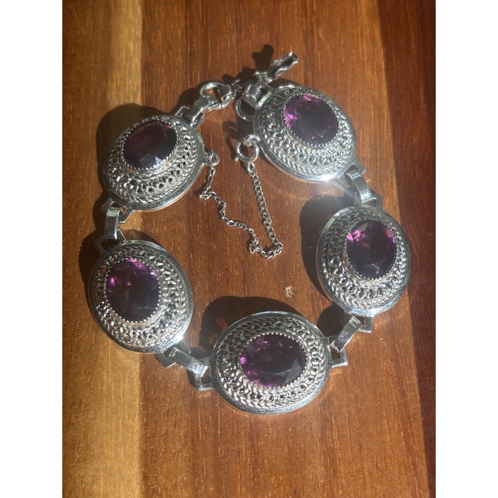 DANECRAFT 925 Sterling Silver Vintage Oval-Cut Purple Glass Bracelet 6.75"